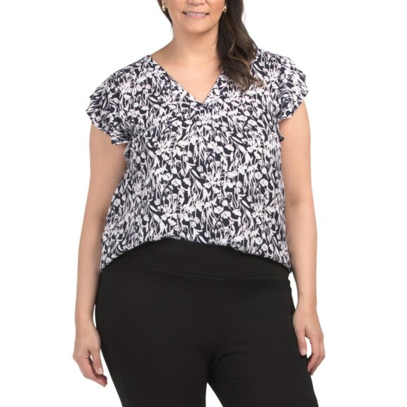 JNY JONES NEW YORK Ivory/navy Plus Printed Blouse - Picture 1 of 2